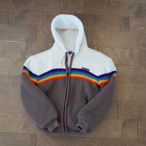 Large--Vintage England Knit Sherpa Lined Zip Hoodie Rainbow Stripe UK Sweater